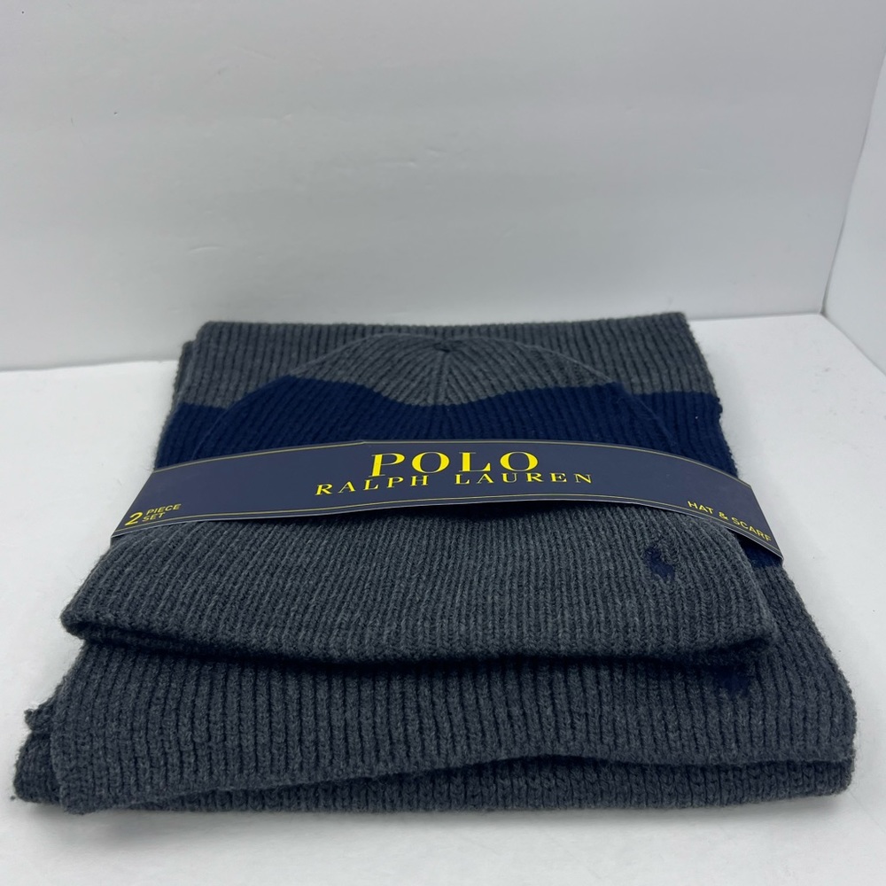 POLO RALPH LAUREN GREY AND NAVY BLUE BEANIE WITH MATCHING SCARF, UNISEX - Picture 4 of 14